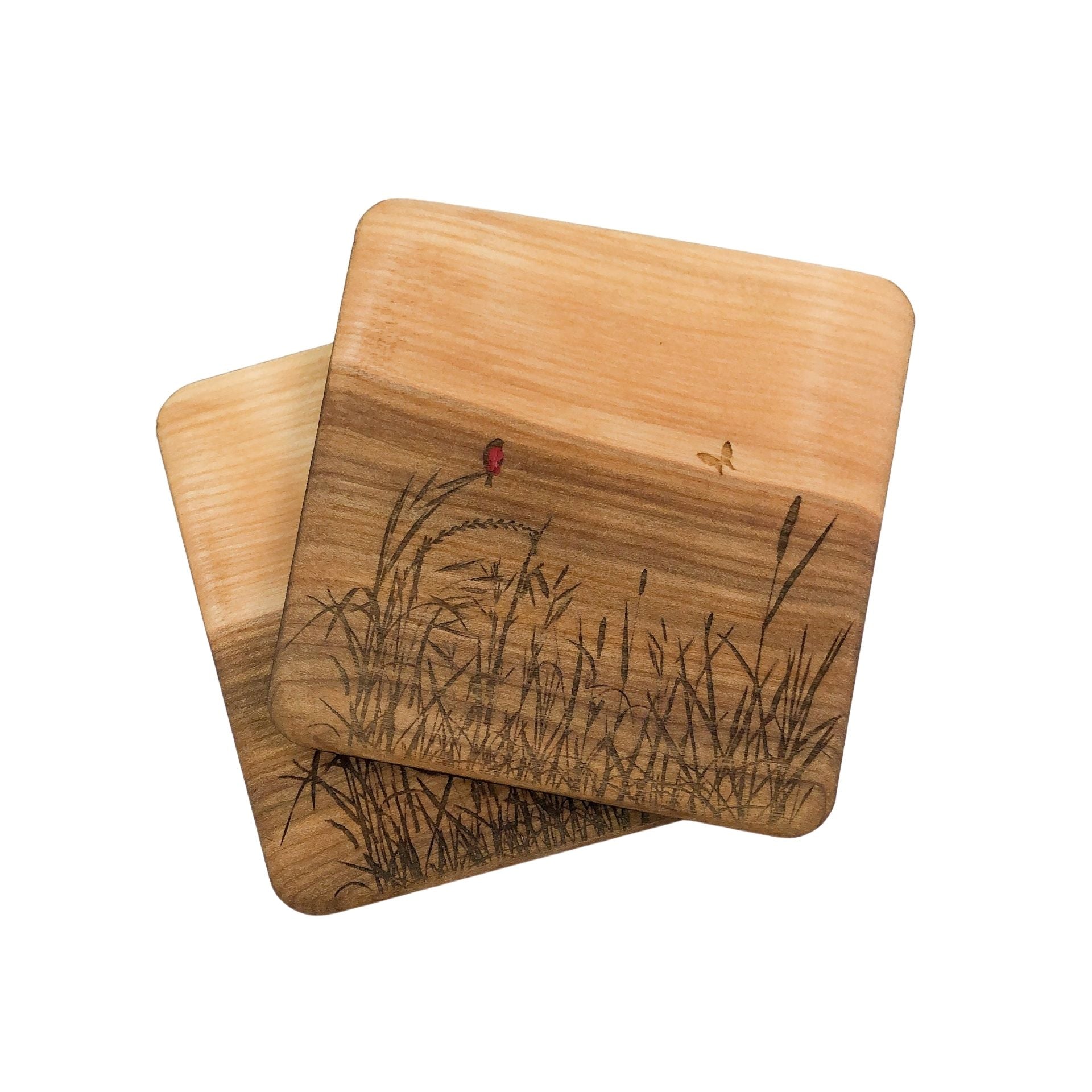 Set of Two Birch Coasters With Nature Scene Design