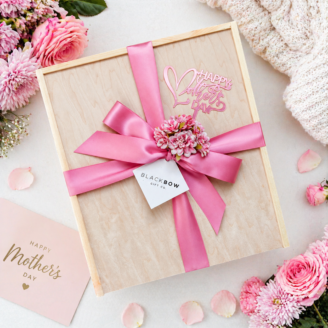 Mother's Day gift box with pink ribbon and florals and a card surrounding it