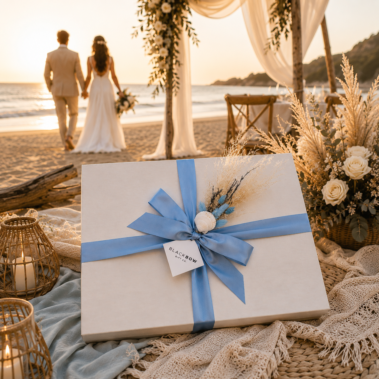 Luxury Black Bow Gift Co. wedding gift box with a soft blue ribbon displayed on a romantic beach wedding setup at sunset, with a newly married couple walking along the shoreline in the background.