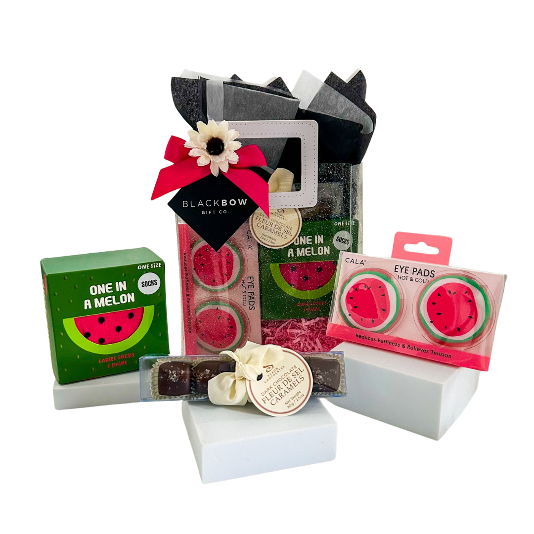 self-care gift for her, gift for relaxation, eye rest mask, watermelon print socks, pamper gift set, thoughtful gift ideas, small gift ideas, wellness gift bag, affordable relaxation gifts, gift bags for women, spa gift set, cozy gift bag, inexpensive self-Budget-Friendly Care Gifts, Affordable Relaxation Essentials, Gift for Relaxation and Wellness, Fun Gift Bag with Chocolate