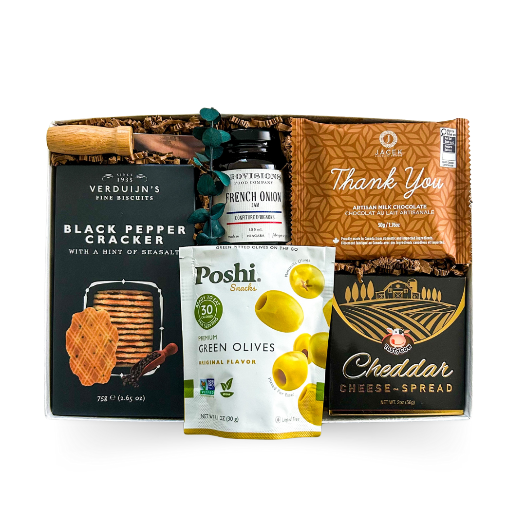 Thank You Gift Box, Gourmet Snack Box, Savory Gift Basket, Cheese and Cracker Gift, Charcuterie Gift Box, Appreciation Gift, Canadian Gift Box, Halifax Gift Delivery, Dartmouth Gift Delivery, Bedford Gift Delivery, Hostess Gift, Foodie Gift Basket, Cheese Lover Gift, Gourmet Cheese Gift, Thank You Chocolate Gift, Budget-Friendly Snack Box, Affordable Grateful Gift Set, Grazing Box Canada, Thank You Basket Delivery, Value-Priced Thank You Gift