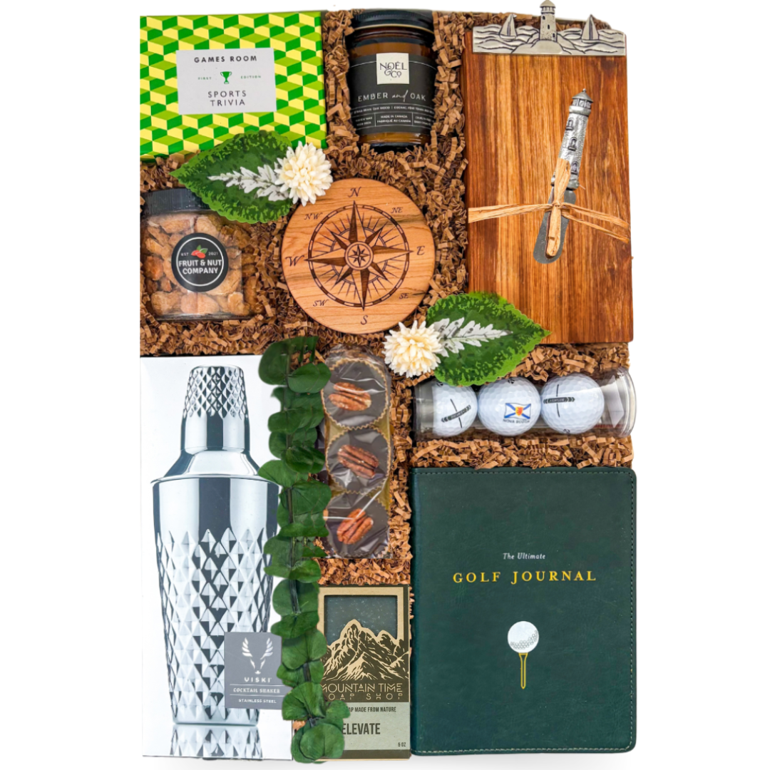 The 19th Hole golf gift box with cocktail shaker, snacks and golf accessories in an XL luxury gift box by Black Bow Gift Co.