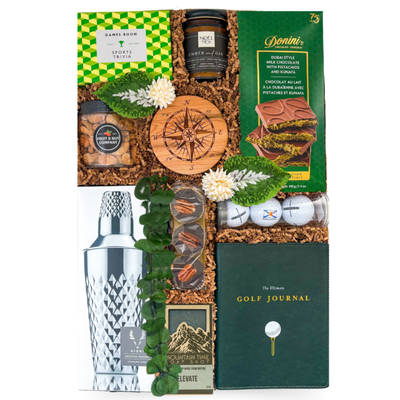The 19th Hole golf gift box with cocktail shaker, snacks and golf accessories in an XL luxury gift box by Black Bow Gift Co.