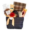 Autumn Glow zippered puff gift bag in black with tan satin ribbon and floral accent.