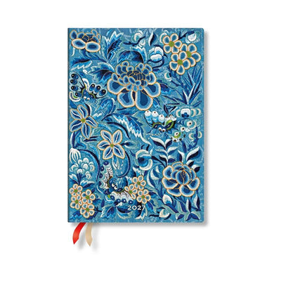Blue 2027 midi planner with traditional Hanfu-inspired artwork, elastic closure, ribbon markers, and decorative cover design.