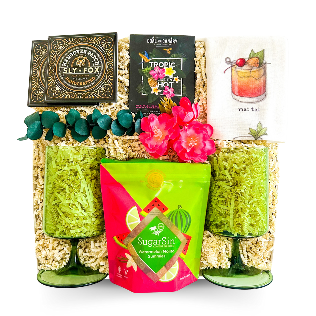 Tropical Gift Box, Cocktail Gift Set, Mojito Gift Box, Summer Gift Basket, Girls Night Gift, Party Gift Box, Colourful Gift Box, Vacation-Inspired Gift, Canadian Gifts, Halifax Gift Delivery, Dartmouth Gift Delivery, Lemonade Gift Box, Brunch Gift, Beach Party Gift, At-Home Bar Kit, Fun Gift Basket, Birthday Gift Idea, Relaxation Gift Set, Housewarming Gift, Cocktail Night Gift, Vegan Treats Gift Box, Canadian Themed Gift, Luxury Housewarming Gift, Nova Scotia Gifts