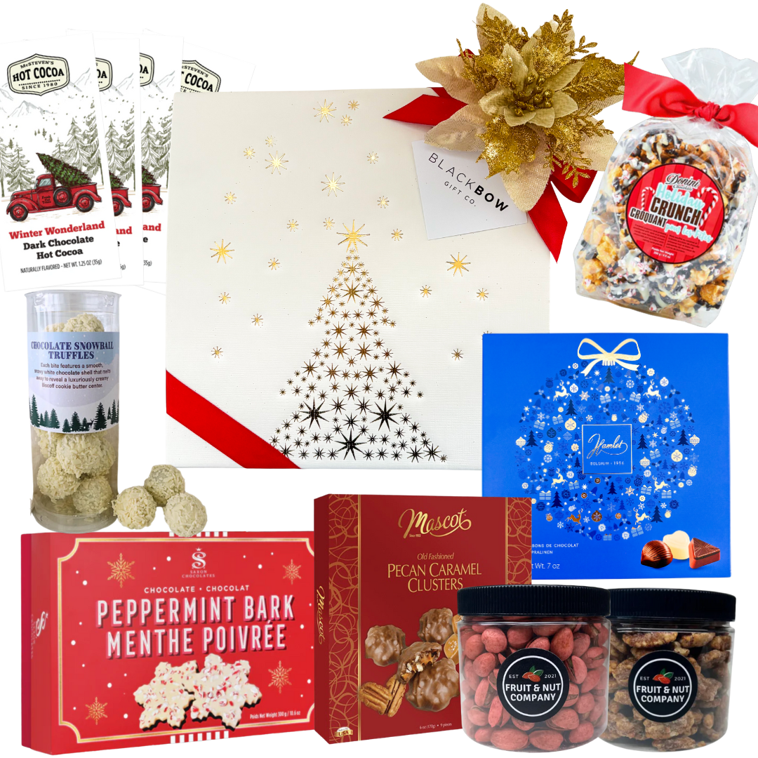 Holiday Indulgence gourmet holiday gift box with gold tree packaging and festive chocolates for small to medium groups
