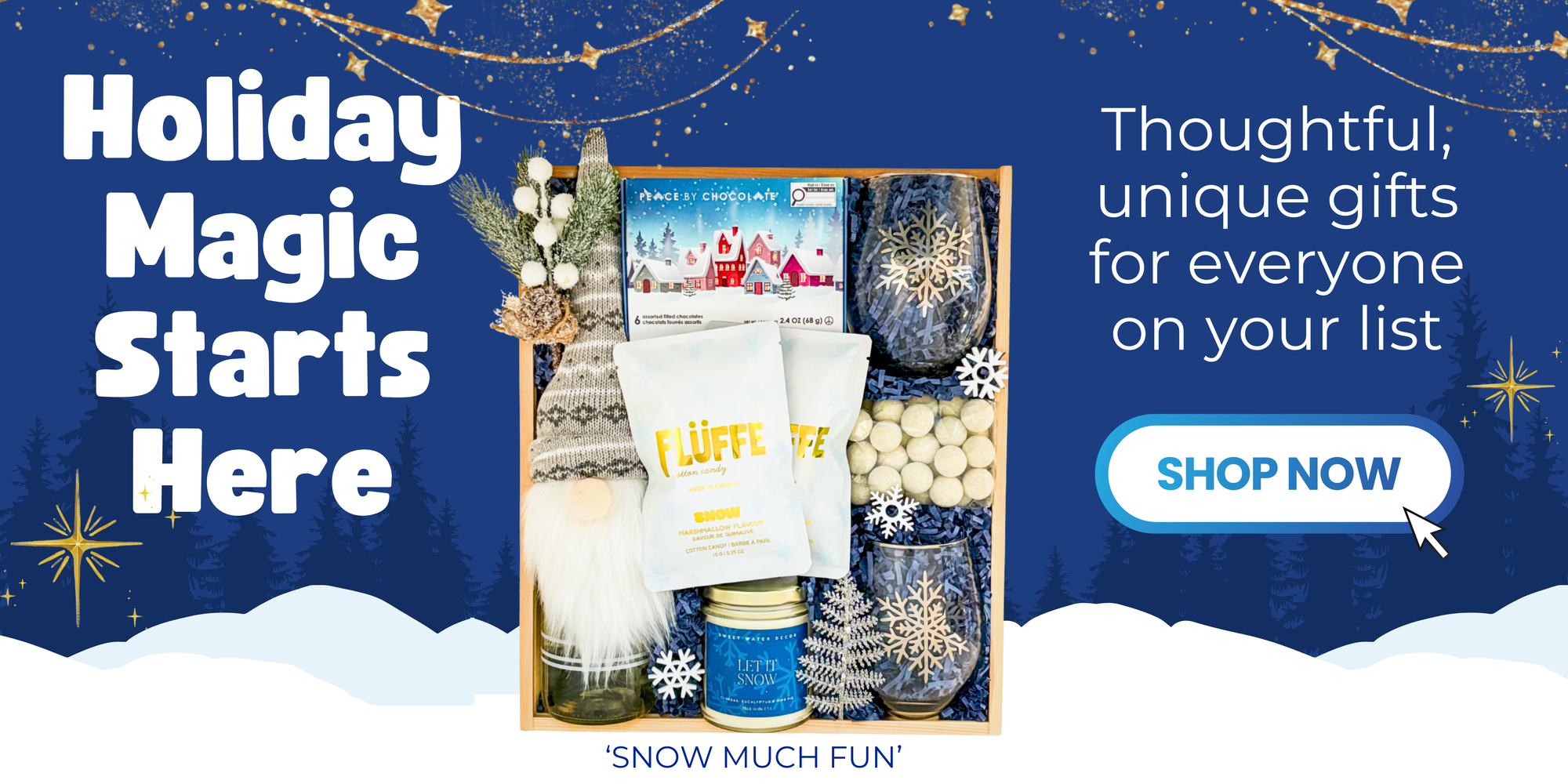 snow much fun holiday gift with treats and glasses, let is snow candle - gift shown in front of a snowy background with thoughtful, unique gifts for everyone on your list