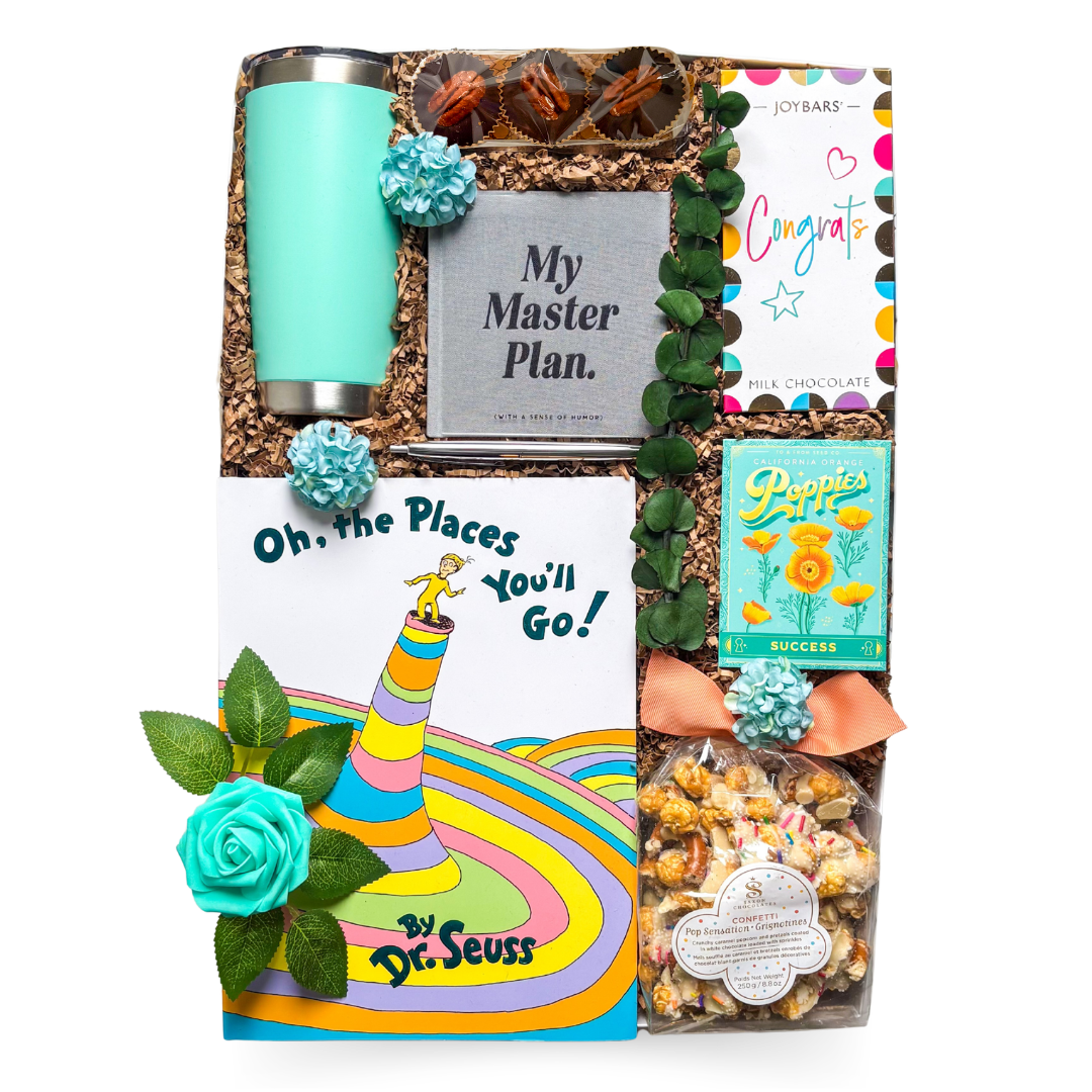 The Next Chapter graduation gift box with guided journal, success seed pack and milestone keepsakes by Black Bow Gift Co.
