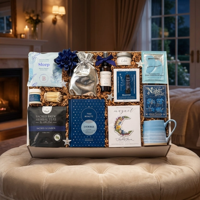 sleep theme gift box displayed on cozy bench in bedroom with fireplace and moon in background