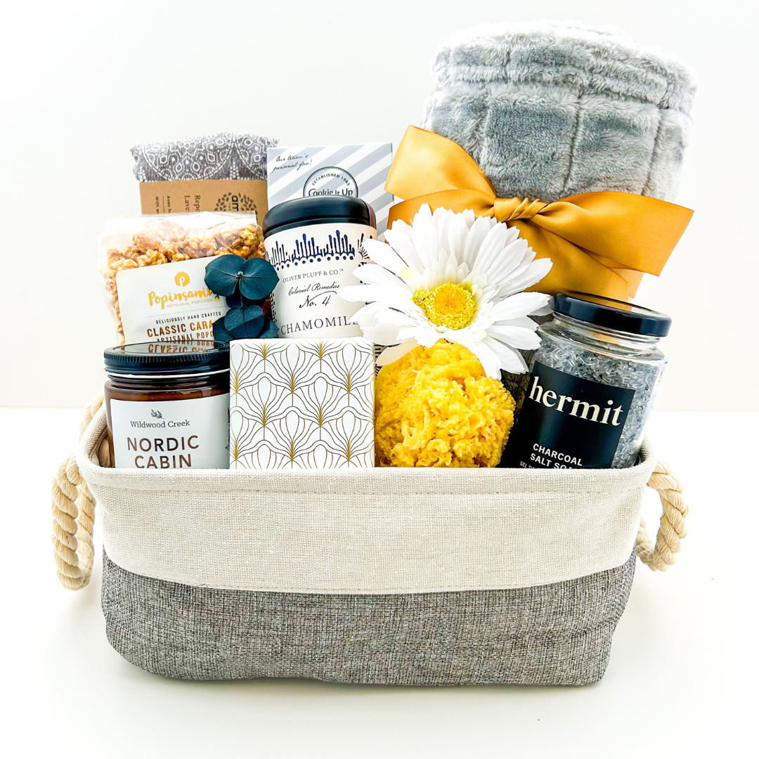 gift basket, Wellness-themed basket, Nova Scotia gift boxes, gift boxes Nova Scotia,  gift basket for her, Wellness essentials, morning treats basket, Wellness gift