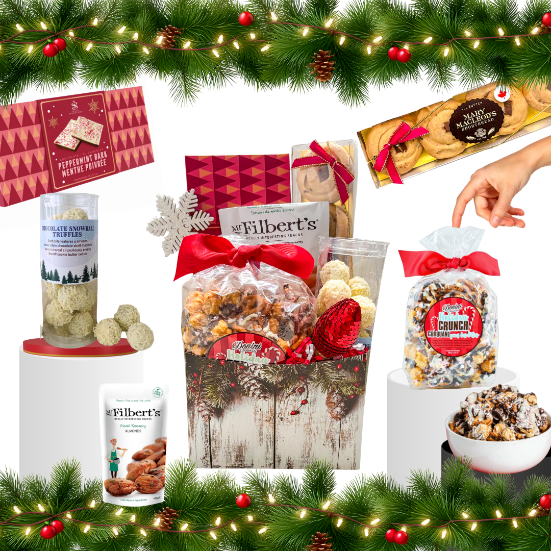 Festive holiday snack basket with cookies, truffles, and gourmet nuts by Black Bow Gift Co.