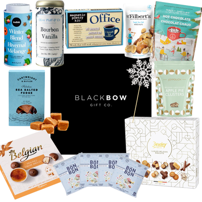 Deluxe Snack Box gourmet snack gift box with treats and beverages in a sleek mailer box by Black Bow Gift Co.