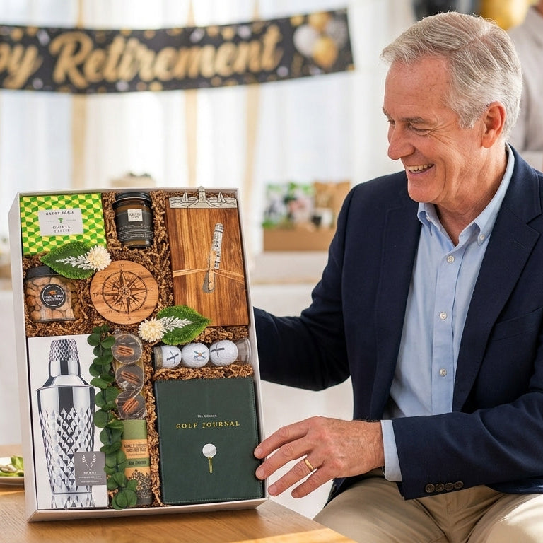 Man holding a retirement gift box with people in the background at a celebration.