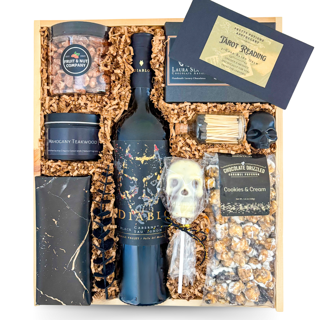 Midnight Indulgence luxury wine and chocolate gift box with candlelight accents, keepsake details, and optional tarot cards by Black Bow Gift Co.