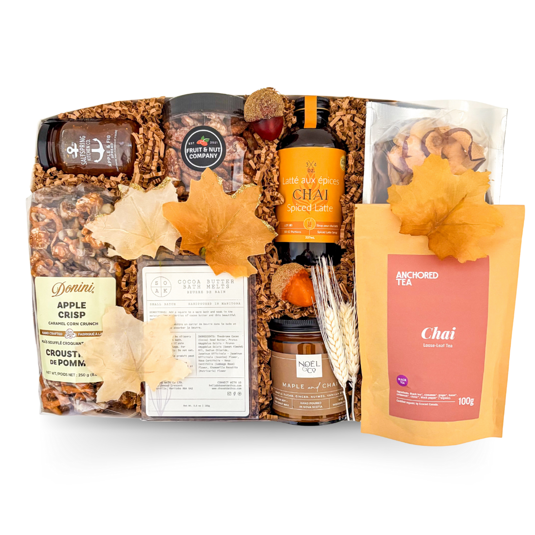 Autumn Indulgence fall gift box styled with seasonal accents and cozy autumn tones.
