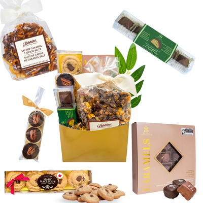 Gourmet sweet treat gift basket with chocolates, popcorn, caramels, cookies, and nut cups, styled in a premium paper basket.