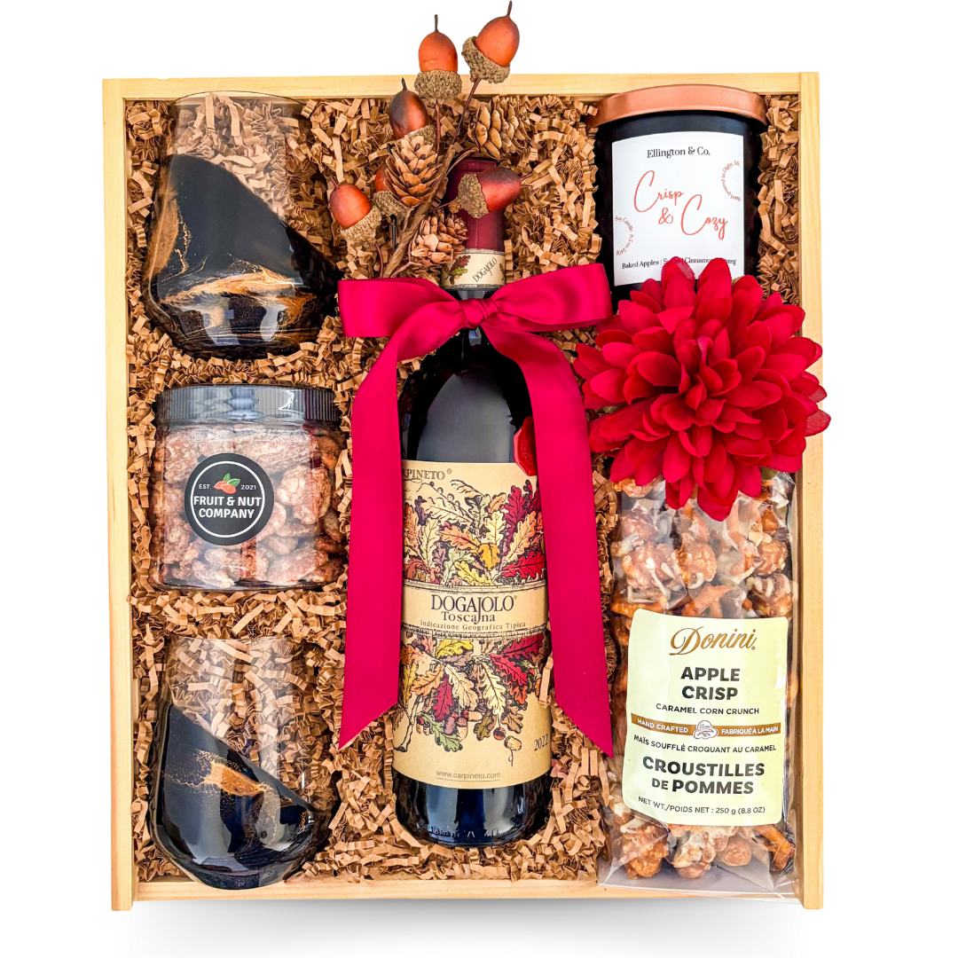 Harvest Luxe premium fall gift box in a keepsake wood box with burgundy ribbon accents and autumn-inspired details.