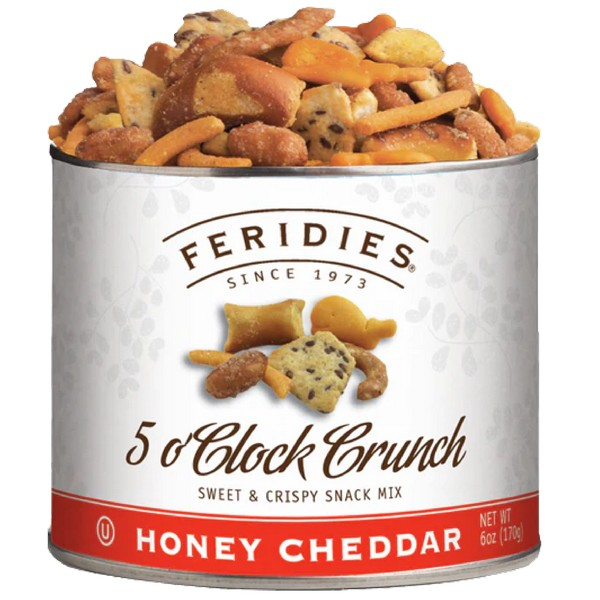 Sweet and savoury snack mix with honey-roasted Virginia peanuts, cheddar crackers, sesame sticks, pretzel pieces, and crunchy corn snacks.