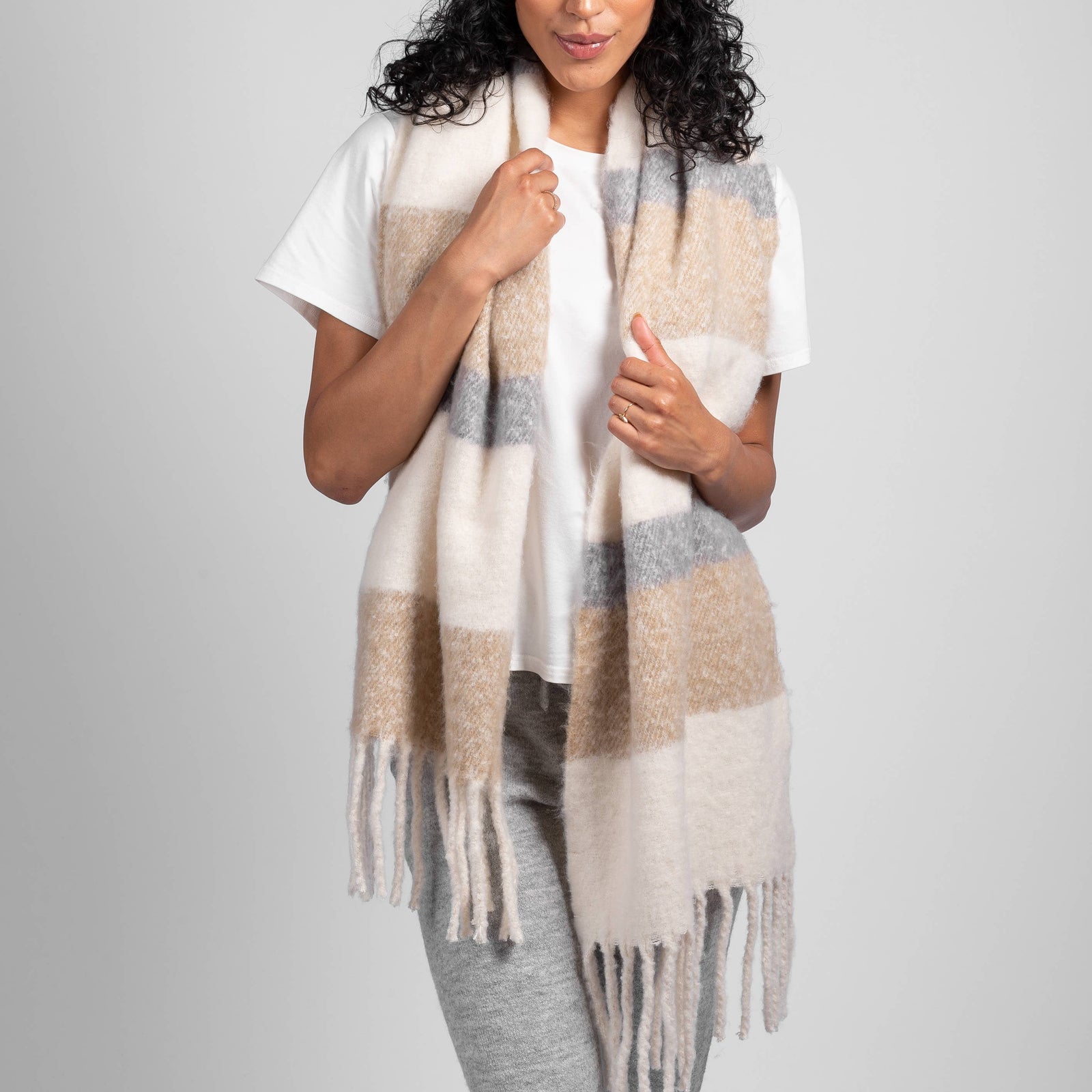 Striped Oversized Rectangular Scarf - Camel Colour