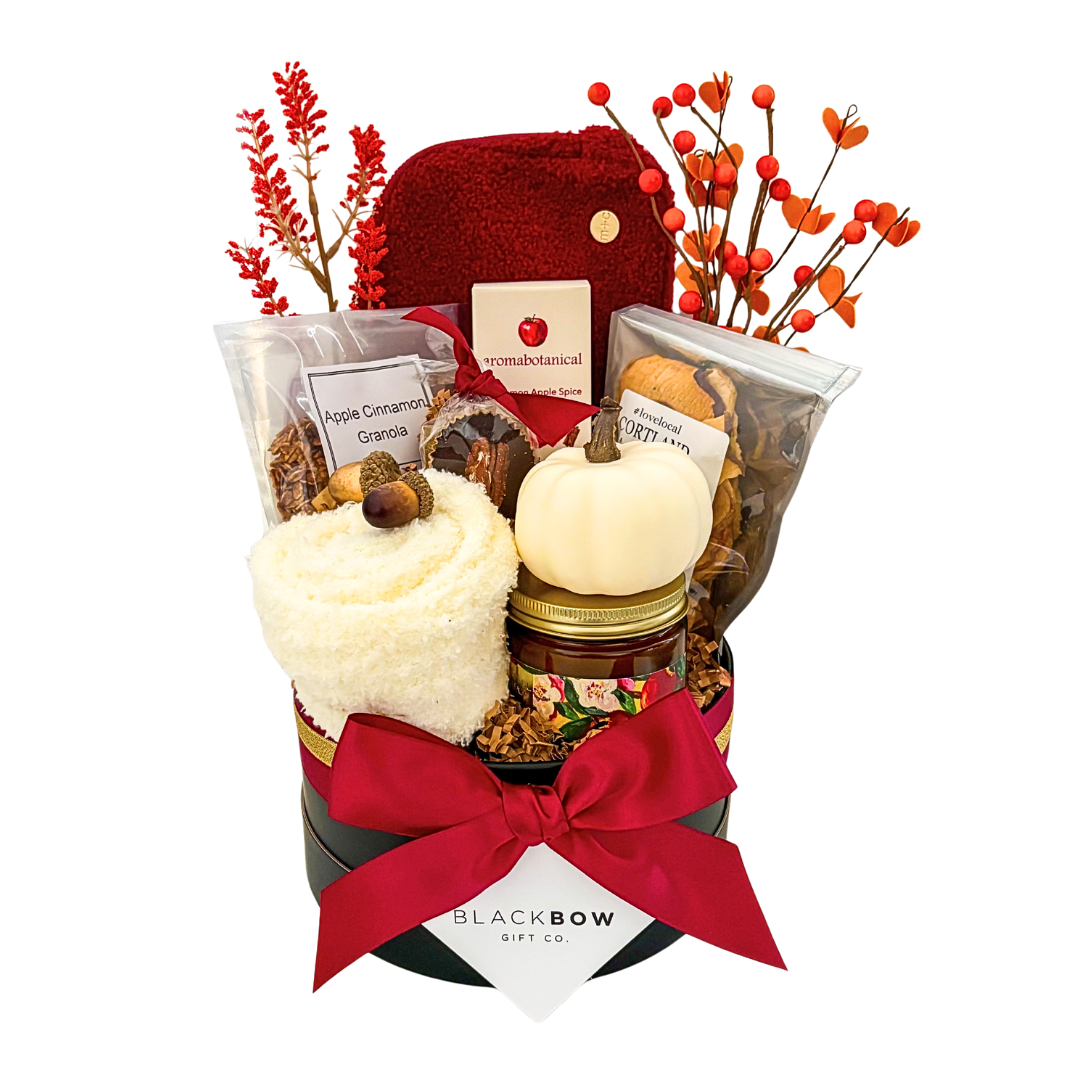 Apple Harvest Basket gift with cozy fall accents and apple-inspired touches for a seasonal surprise
