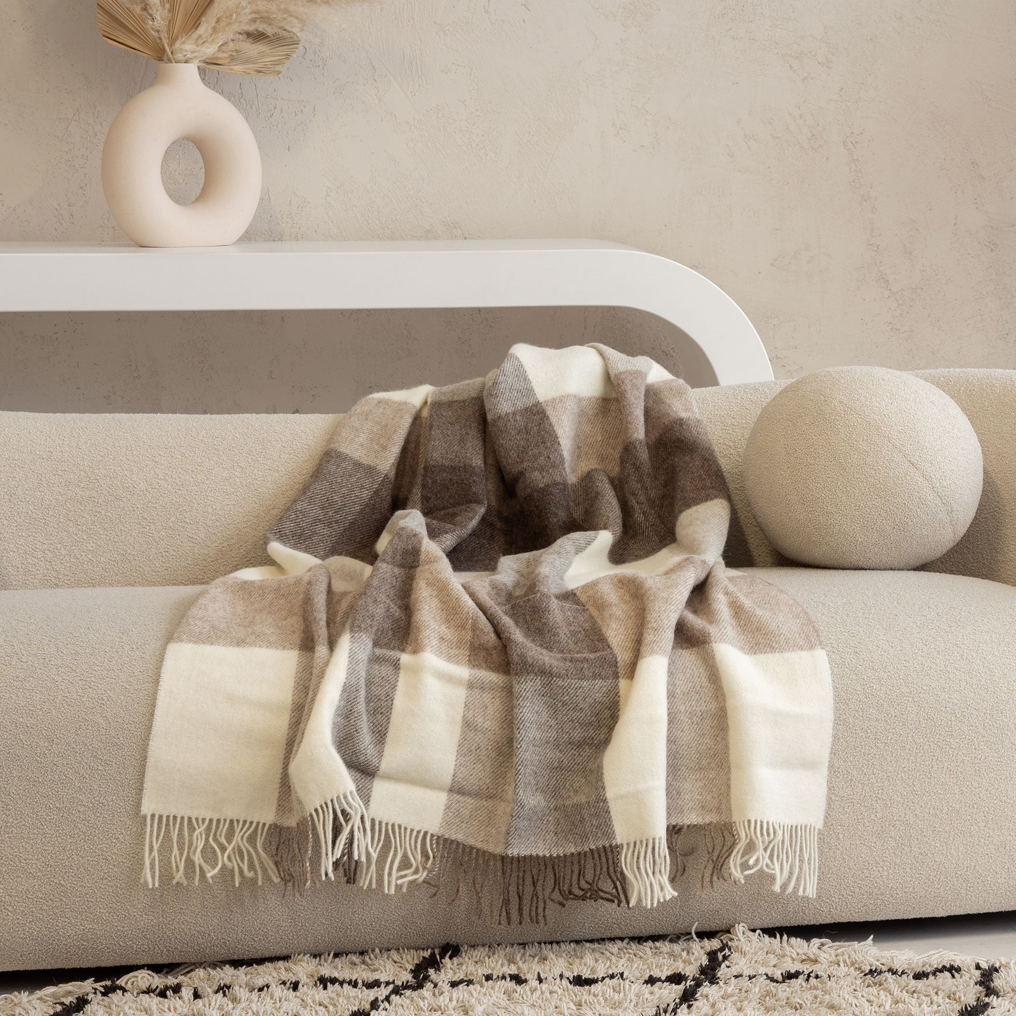 100% Merino Wool Blanket - Brown Check Plaid