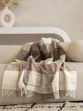 100% Merino Wool Blanket - Brown Check Plaid