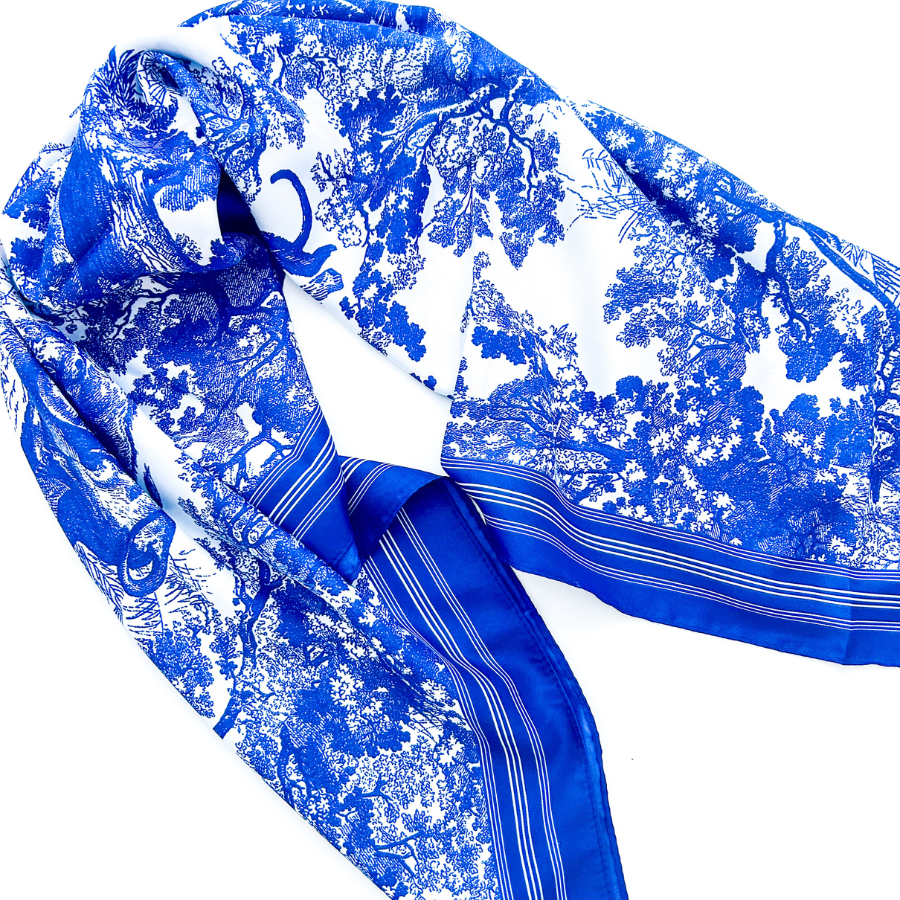 Blue & White Pattern Silk Square Scarf