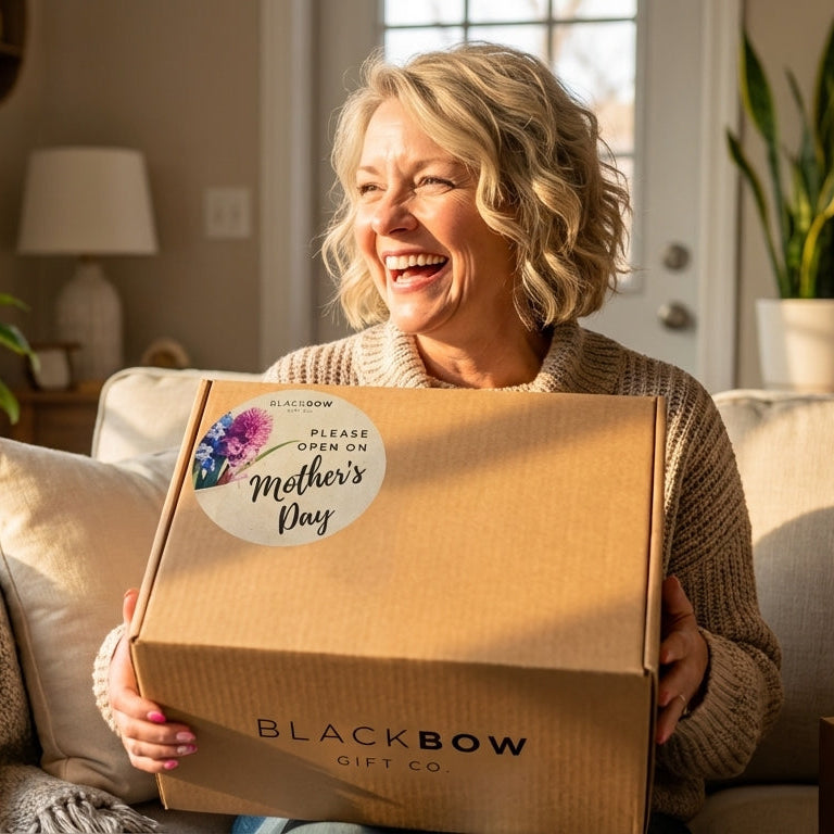 mother sitting on couch looking happy and holding shipping box with Mother's Day gift inside