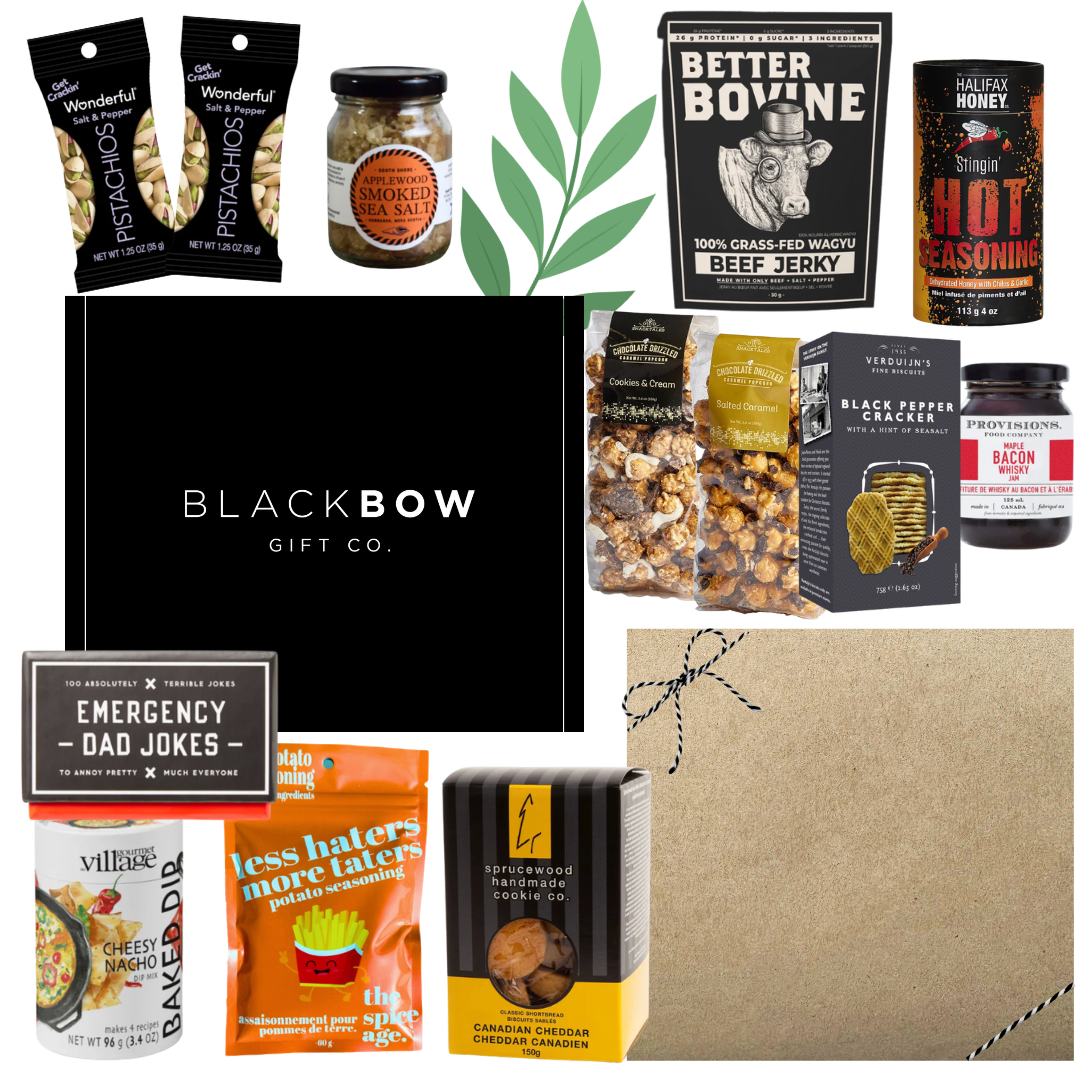 Dad’s Snack Stash Father’s Day gourmet gift box with jerky, pistachios, caramel snacks, smoky seasonings, chocolates, dip mix, and dad-themed treats in a sleek black gift box.
