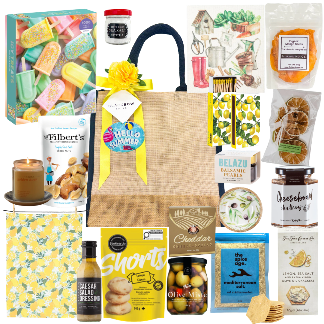 Lemon & Leisure summer gift tote with lemon-themed treats, Mediterranean snacks, crackers, olives, dips, sparkling beverages, and optional puzzle add-on for family gifting.
