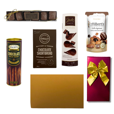 gift basket with assorted chocolates, cookies, pretzels and treats