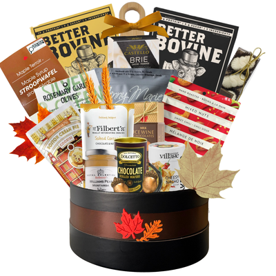 A Little of Everything gourmet basket box filled with sweet and savoury snacks, cheese, crackers, nuts, cookies and treats.