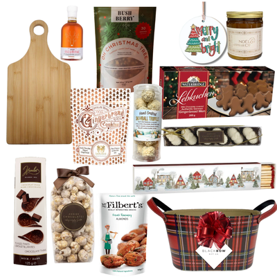 A Taste of Christmas gourmet holiday gift basket in a red tartan leatherette keepsake basket with chocolates, savoury snacks, gingerbread treats, festive greenery and optional candle.