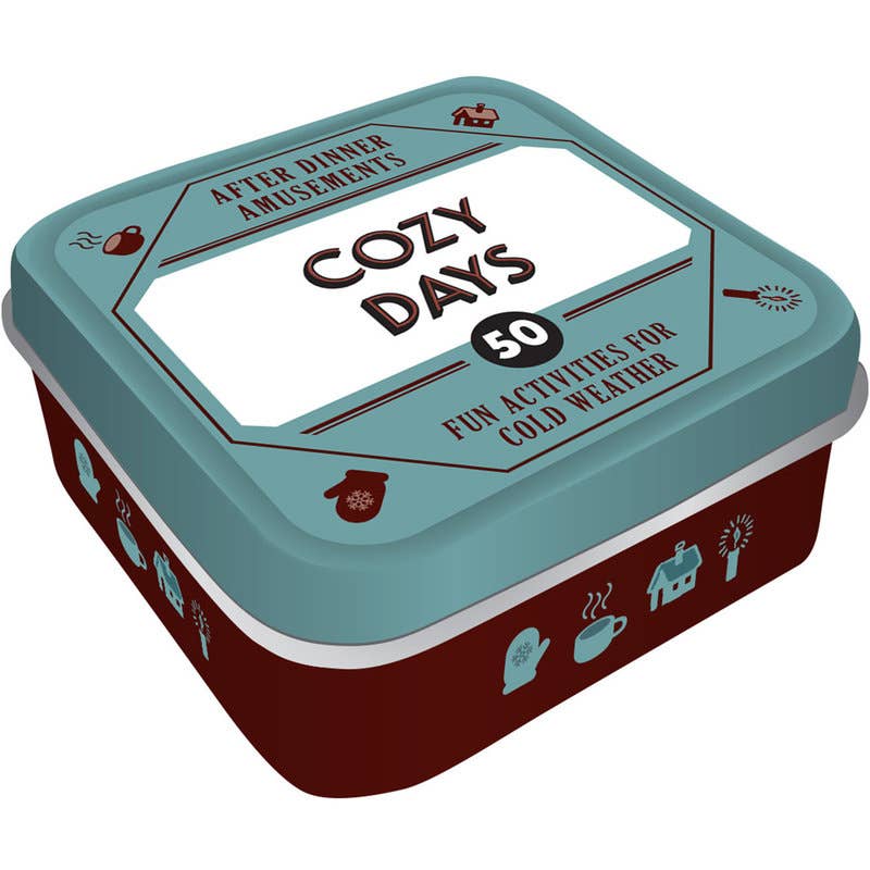 After Dinner Amusements winter activity cards featuring 50 fun prompts in a compact portable tin for family and friends.