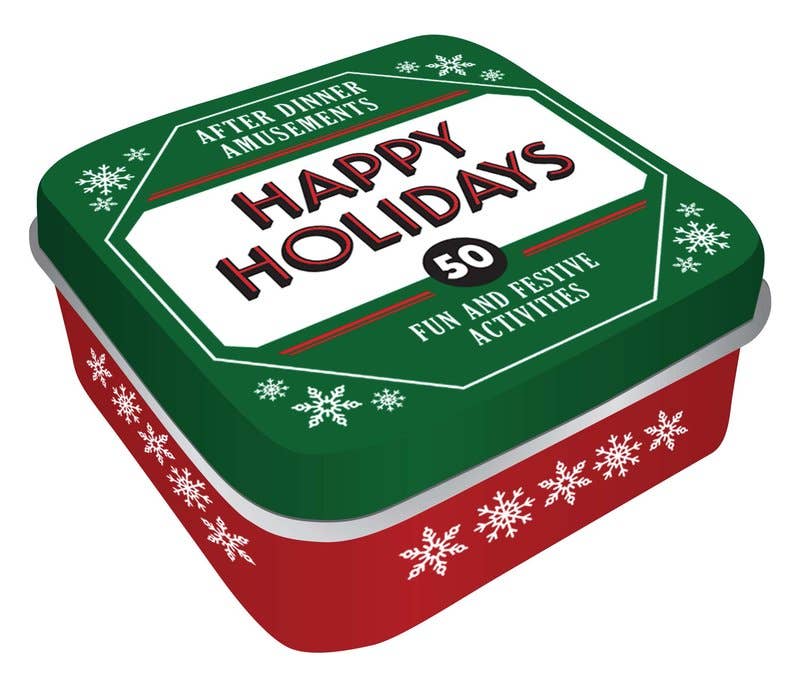 Happy Holidays After Dinner Amusements tin with 50 festive activity cards for family gatherings, holiday parties, and winter fun.