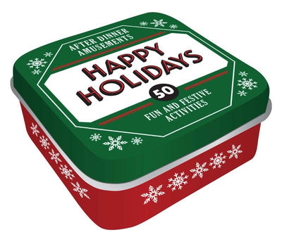 Happy Holidays After Dinner Amusements tin with 50 festive activity cards for family gatherings, holiday parties, and winter fun.