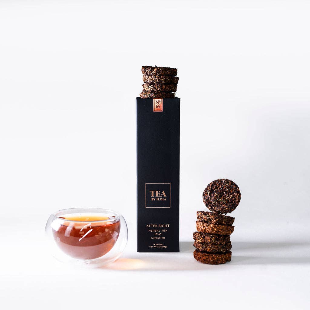 After Eight No. 65 Loose Leaf Herbal Tea Disc with honeybush, cacao shell, peppermint, live probiotics, and zero sugar.
