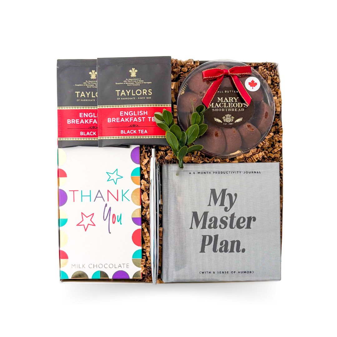 Ambition & Appreciation corporate gift box with guided journal, premium tea and gourmet treats by Black Bow Gift Co.