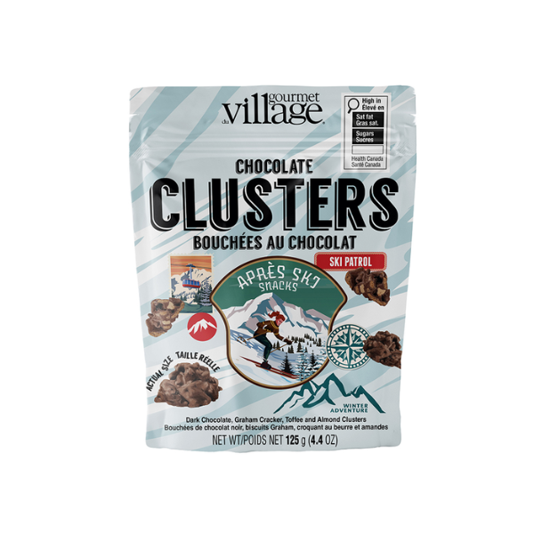 Après Ski dark chocolate clusters with buttery toffee, crunchy graham crackers and almonds, perfect for winter gift boxes.