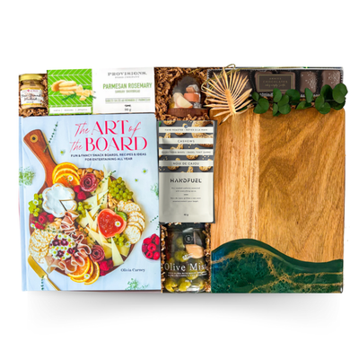 Luxury charcuterie gift box with resin board, brie baker, and Art of the Board book by Black Bow Gift Co.