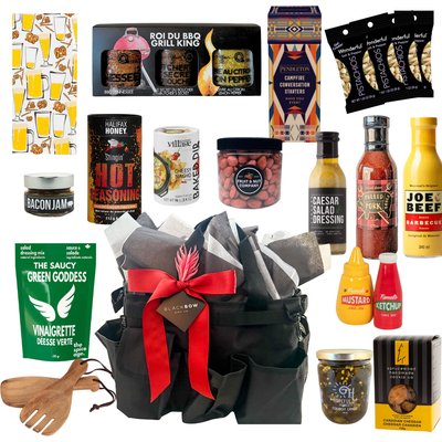 BBQ gift bag featuring gourmet grilling sauces, seasonings, snacks, serving accessories, and reusable organizer bag by Black Bow Gift Co.