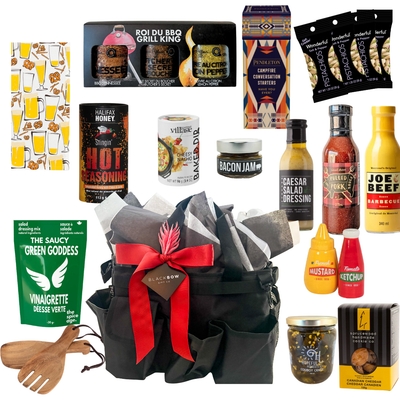 BBQ gift bag featuring gourmet grilling sauces, seasonings, snacks, serving accessories, and reusable organizer bag by Black Bow Gift Co.