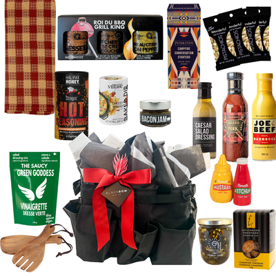 BBQ gift bag featuring gourmet grilling sauces, seasonings, snacks, serving accessories, and reusable organizer bag by Black Bow Gift Co.