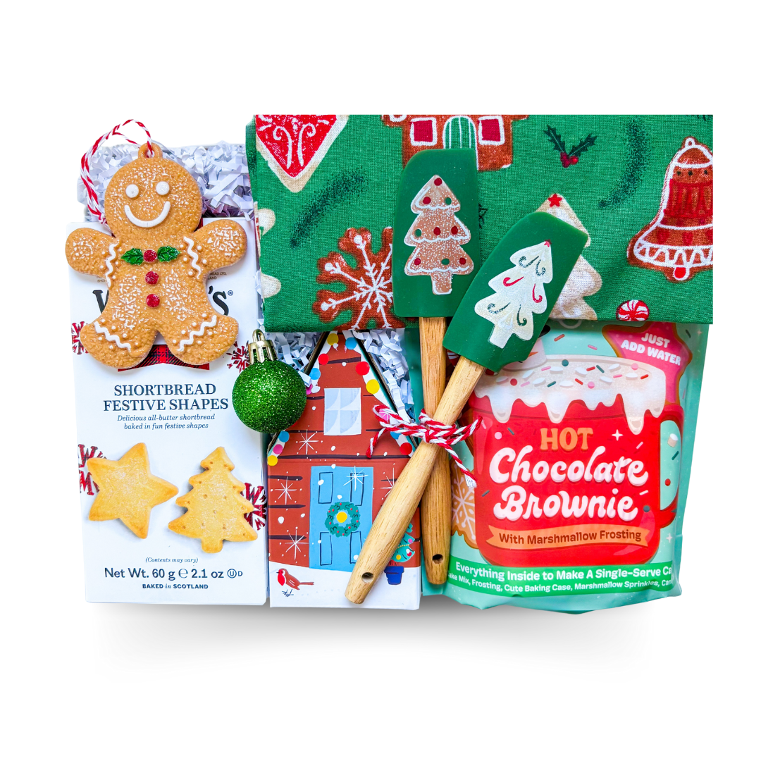 Kids Christmas gift box with baking accessories, cookies, and festive activities by Black Bow Gift Co.