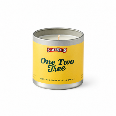 BeaverTails One, Two, 'Tree' candle with a rustic red cedar fragrance inspired by earthy Canadian woodland scents.