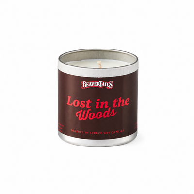 BeaverTails Lost in the Woods candle featuring a fresh spruce spice fragrance inspired by the scent of a Canadian forest.