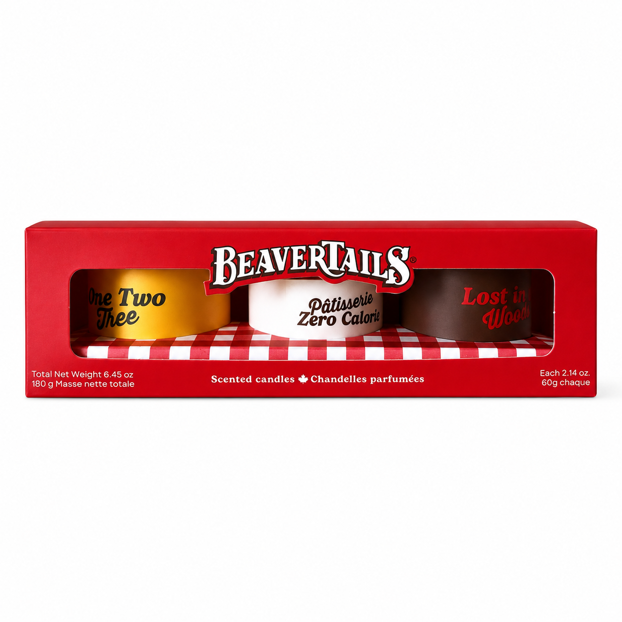 BeaverTails 3-pack scented candle set featuring cinnamon sugar, spruce spice, and red cedar fragrances in 6.5 oz soy wax candles.