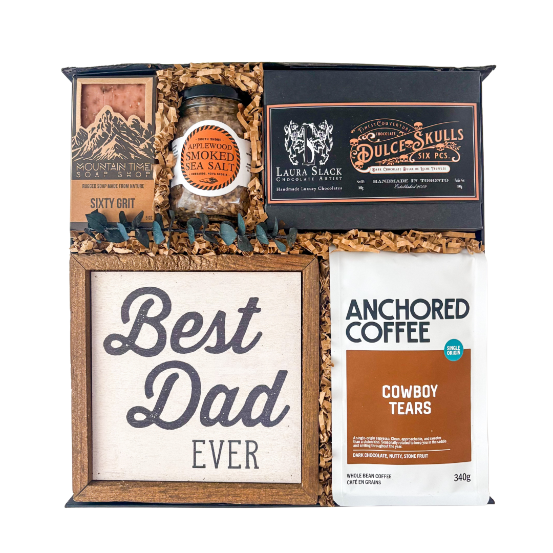 Best Dad Ever Father’s Day gift box featuring gourmet coffee, maple bacon whisky jam, luxury chocolates, Belgian biscuits, soap, and keepsake sign curated by Black Bow Gift Co.
