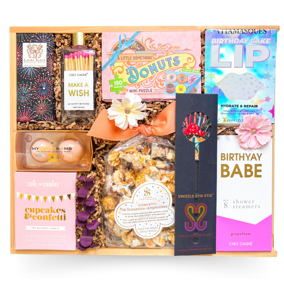 Birthday Babe gift box with candle, birthday treats and self-care items in a wood box by Black Bow Gift Co.
